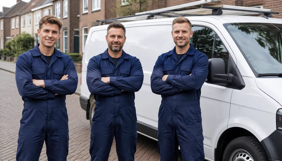 Team van cv-monteurs naast een bedrijfsbus met het logo van CV Monteur Nodig